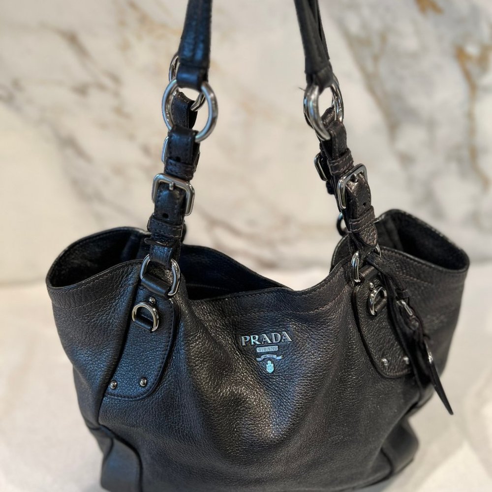 Prada Black Vitello Daino Satchel Bag